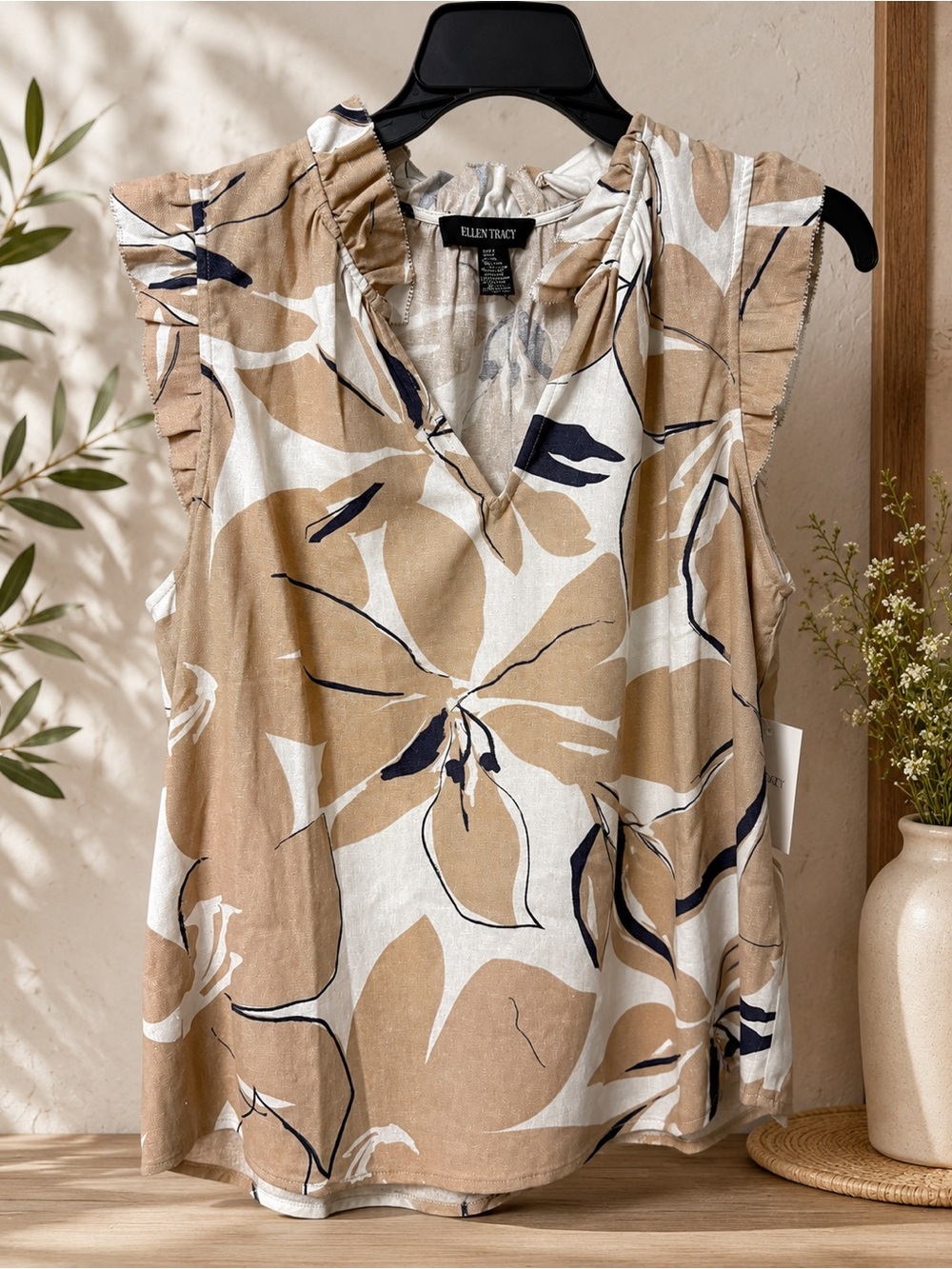 Ellen Tracey Sleeveless Ruffle Neck Floral Print Top - Beige - Picture 2 of 4